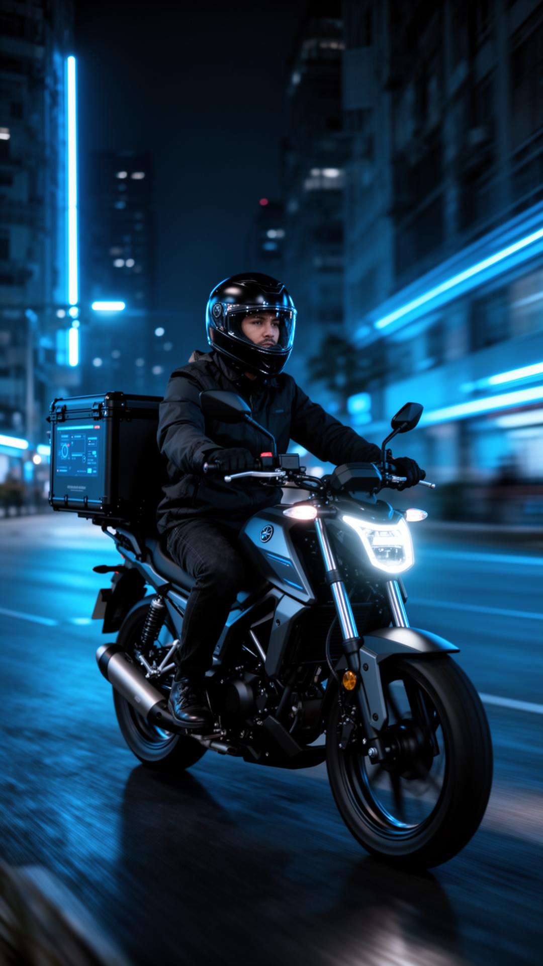 Motoboy com capacete em ambiente urbano noturno